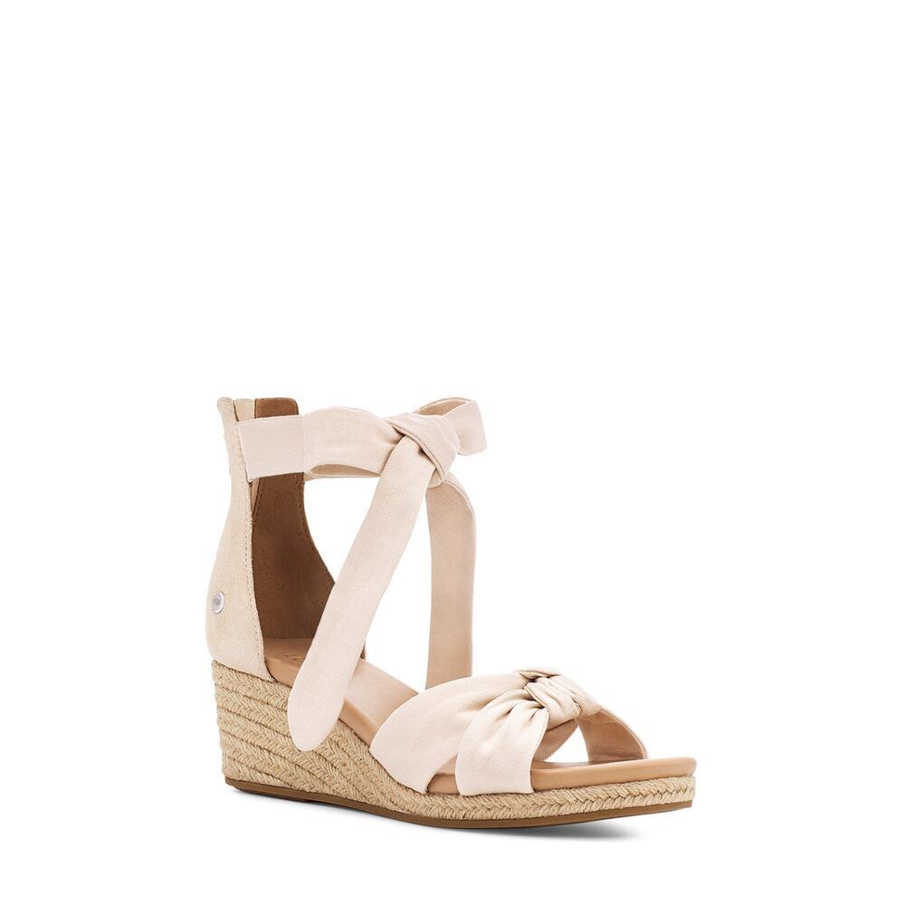 UGG Yarrow Sandals Suede Ankle Tie Espadrille Wedge Beige Size 10